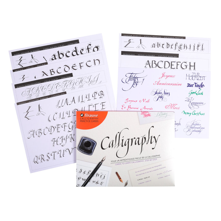 Pochette d’apprentissage à la calligraphie comprenant 10 feuilles d’apprentissage de 9 alphabets différents 2 fiches d’exemples